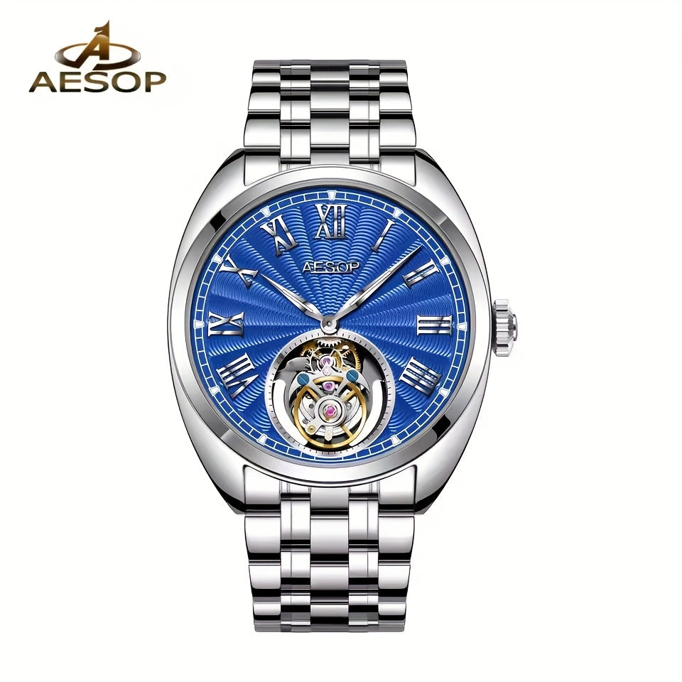 Orologio Meccanico di Lusso AESOP Uomo - Movimento True Flying Tourbillon, Carica Manuale con Quadrante Blu e Numeri Romani, Cassa in Acciaio Inossidabile, per Abbigliamento Formale e Casual - Regalo Ideale per Appassionati di Orologi, Design Elegante, Ar