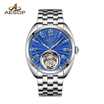 Orologio Meccanico di Lusso AESOP Uomo - Movimento True Flying Tourbillon, Carica Manuale con Quadrante Blu e Numeri Romani, Cassa in Acciaio Inossidabile, per Abbigliamento Formale e Casual - Regalo Ideale per Appassionati di Orologi, Design Elegante, Ar