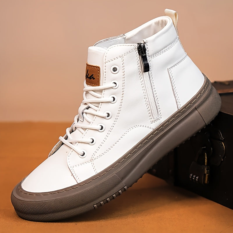 Scarpe da ginnastica alte da uomo - Microfibra sintetica nera, con lacci e suola in gomma, design elegante con lacci, calzature casual e da esterno, calzature casual | Scarpe da ginnastica con lacci | Calzature resistenti