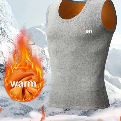 1pz Top da uomo termico foderato in fleece, stampa "MAN", gilet caldo autunno/inverno, impermeabile, poliestere 95% elastano 5%, tessuto a maglia, medio stretch, strato base atletico, spesso