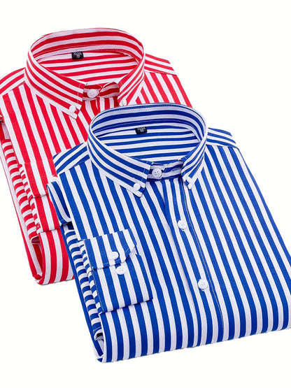 1+1pz Camicia Uomo a Righe con Maniche Lunghe - Colletto Casual, Tessuto Leggero, Ideale per Vacanze al Mare, Appuntamenti e Regali, Top Classico a Righe