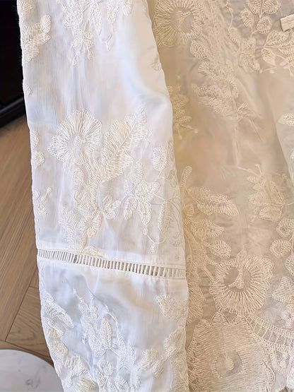 Women's Elegant Chinese-Style Embellished Blouse - Semi-Sheer Stand Collar Button-Front Jacket with Golden-Tone Floral/Butterfly/Lanterns/Clouds Patches, White Traditional Asian-Inspired Top for Weddings & Cultural Events (Machine, Elegant Two Piece Sets