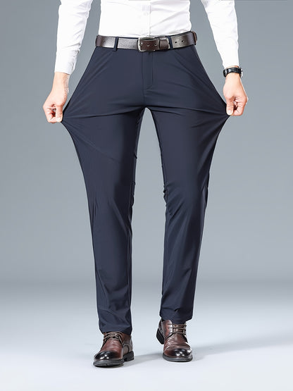 2025 Nuovi Pantaloni da Uomo in Tessuto Fibra Slicky Ice ad Alta Elasticità - tocco liscio, traspirante e elasticizzato, vestibilità regolare a vita media con dettagli di bottoni per ufficio e casual, comfort per tutte le stagioni, abbigliamento da uffici