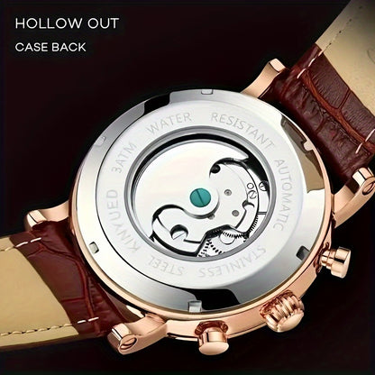 KINYUED Orologio Meccanico Automatico da Uomo con Visualizzazione Sole, Luna e Stelle – Accenti in Oro Rosa, Cinturino Marrone Finto, Lancette Blu, Retro Trasparente, Regalo Perfetto per Lui