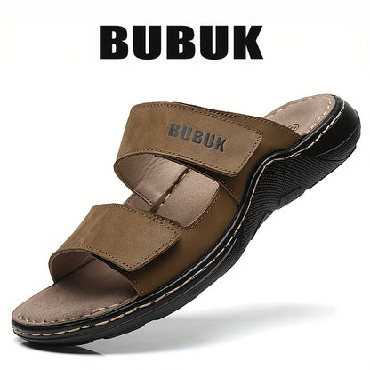 Pantofole da Uomo in Vera Pelle con Chiusura Regolabile e Strappo, Suola in PU, Tomaia in Pelle Pieno Fiore - Scarpe Casual Comode per Tutte le Stagioni, Ideali per Spiaggia, Viaggi e Uso Quotidiano (Nessun Periodo di Adattamento)