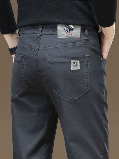 Pantaloni da uomo in tessuto elastico a tinta unita - Comodi e resistenti pantaloni casual da lavoro con chiusura a bottone, vita media, vestibilità regolare, versatile per tutte le stagioni per abbigliamento casual, ufficio e eventi formali, abbigliament