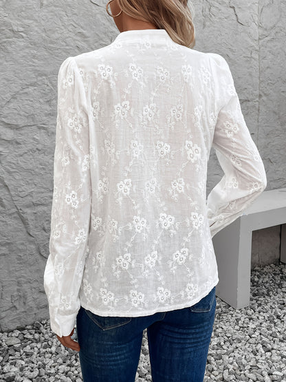 Women's Blouse - Elegant White Long Sleeve shirt with Button Front Placket, Structured Non-Stretch Blouse for Office, Formal Events, Casual Attire - Machine Washable Women's Clothing, Spring Fashion, Delicate Embroidery, Breathable Material, Stylish Top,