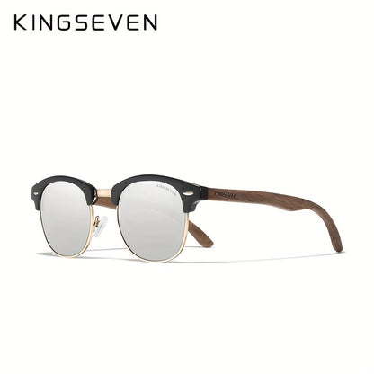 Occhiali in legno di noce nera artigianali KINGSEVEN, con montatura semipolarizzata retro per uomo e donna, stile vintage con custodia, montatura in legno massiccio, lenti in PC, ideali per l'uso quotidiano