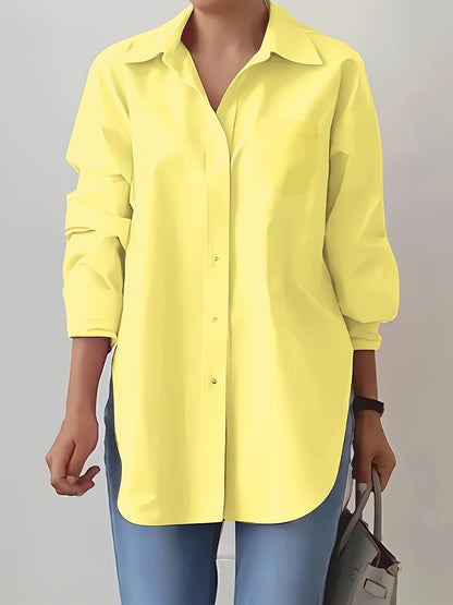 Women'S Elegant Solid Color Button-Up Shirt with Long Sleeves - Red, Casual Style, Perfect for Spring/Summer, Casual Attire|Elegant Buttonup|Long Sleeve Shirt