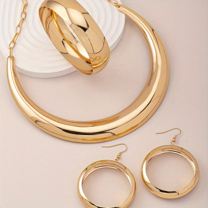 Set di gioielli alla moda urban chic - Collana, bracciale e orecchini a cerchio in lega di stile semplice per abbigliamento quotidiano e da festa
