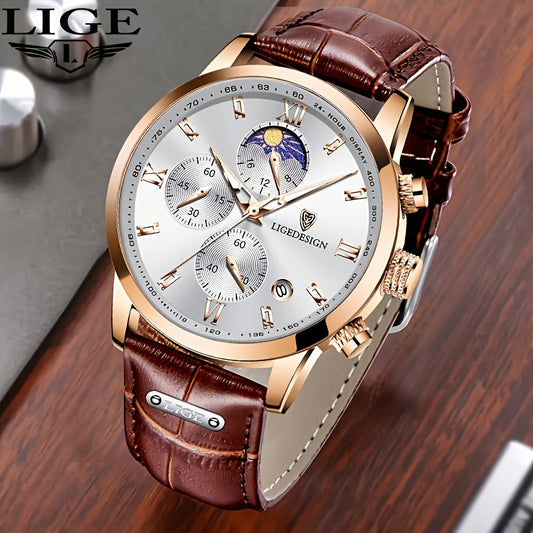LIGE Fashion Quartz Watch, 24 Ore Calendario/Modalità Luce Notturna/Cinturino in Pelle Sintetica Vera, Orologi da Polso con Charme di Personalità Unica, Scelta Ideale per il Regalo, Adatto per Donne/Uomini