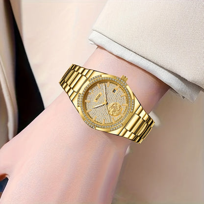 Orologio meccanico di lusso elegante per donne con quadrante interamente dorato, cornice in strass e mani luminose - Movimento automatico, cinturino regolabile, grande orologio analogico rotondo per donne, senza batteria/mantenimento facile, regalo ideale