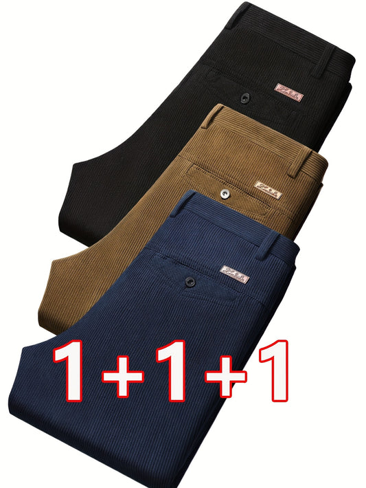 3 pezzi Pantaloni Eleganti da Uomo in Velluto a Coste - Casual Business Leggero, Semi-Formale, Tinta Unita, Vestibilità Regolare, Comfort per Tutte le Stagioni, Marrone, Blu Navy, Perfetti per Ufficio o Abbigliamento Casual, Abbigliamento da Ufficio|Aspet