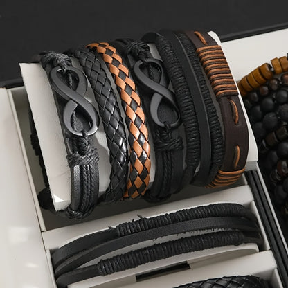 24 pezzi Set di Accessori di Moda da Uomo, Braccialetti in Pelle Sintetica e Perline di Legno in Stile Street, Design Versatili a Strati per Abbigliamento Casual, con Confezione Multipla per Regali (Scatola Non Inclusa)