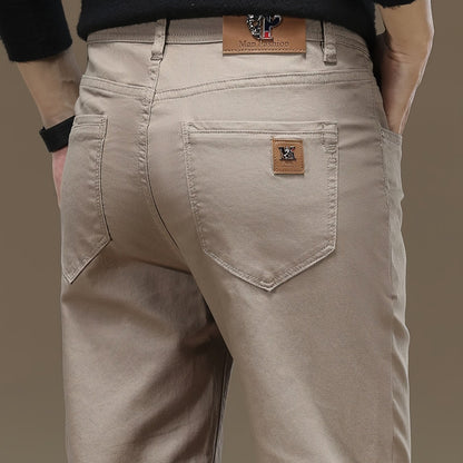 Pantaloni da uomo in tessuto elastico a tinta unita - Comodi e resistenti pantaloni casual da lavoro con chiusura a bottone, vita media, vestibilità regolare, versatile per tutte le stagioni per abbigliamento casual, ufficio e eventi formali, abbigliament