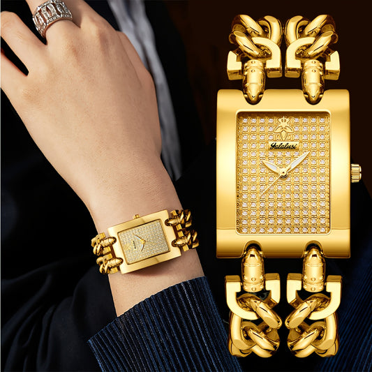 YaLaLuSI Orologio da Donna in Quarzo Dorato Glamour con Quadrante Decorato di Strass, Lancette Luminose e Bracciale a Catena Robusto - Esclusivo Display Analogico per Tutte le Occasioni, Include Scatola Regalo - Il Regalo Perfetto per Famiglia e Amici, Or