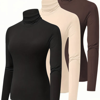 3 Pacchetti Di Magliette A Collo Alto, Top Casual A Maniche Lunghe Per La Primavera E L'autunno, Abbigliamento Da Donna