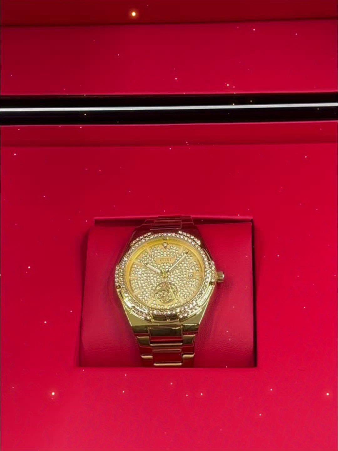 Orologio meccanico di lusso elegante per donne con quadrante interamente dorato, cornice in strass e mani luminose - Movimento automatico, cinturino regolabile, grande orologio analogico rotondo per donne, senza batteria/mantenimento facile, regalo ideale