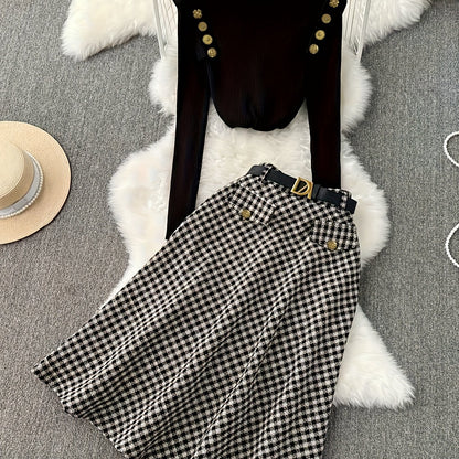 2025 Nuovo Set Due Pezzi Donna Autunno/Inverno Elegante Maglione a Collo Alto Manica Lunga Nera Gonna A-Line Vita Alta