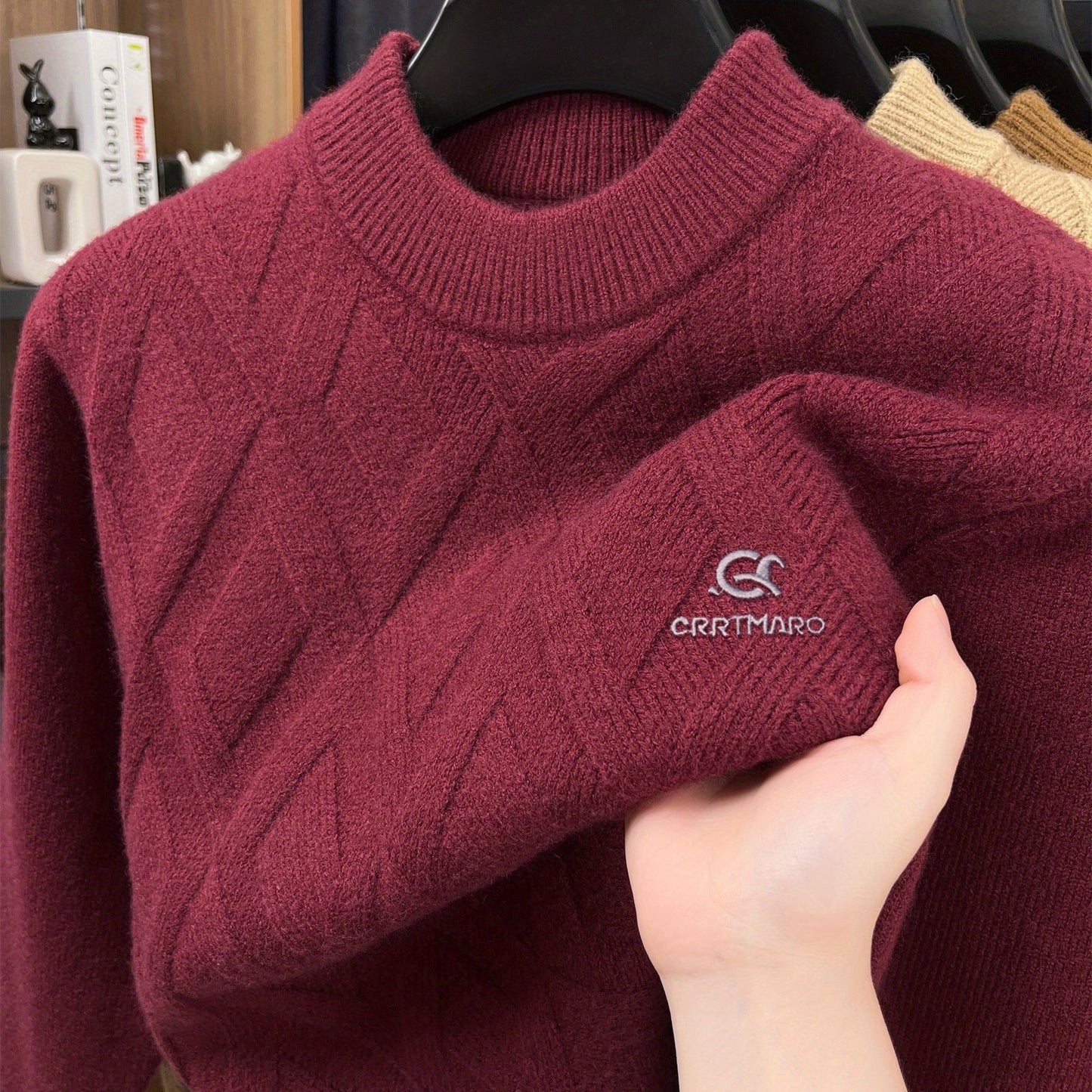 Maglione termico da uomo CARTMARO - Maglione invernale pesante con scollo rotondo, strato base spesso per il freddo per abiti formali e quotidiani - Marrone/rosso scuro - Maglione facile da curare per ufficio, feste, abbigliamento casual - Abbigliamento a
