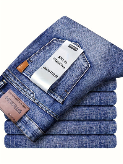 Pantaloni classici in denim finto per uomo, in un'edizione stagionale, con un design comodo e elasticizzato a gamba dritta, adatti per un lavoro casual o d'affari.