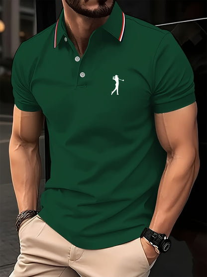 Maglietta da Uomo a Maniche Corte Bianca con Stampa Rosso per Golf, Colletto e Polsini a Righe, Tessuto Traspirante per Estate e Abbigliamento Casual, Lavabile in Lavatrice, Vestibilità Regolare