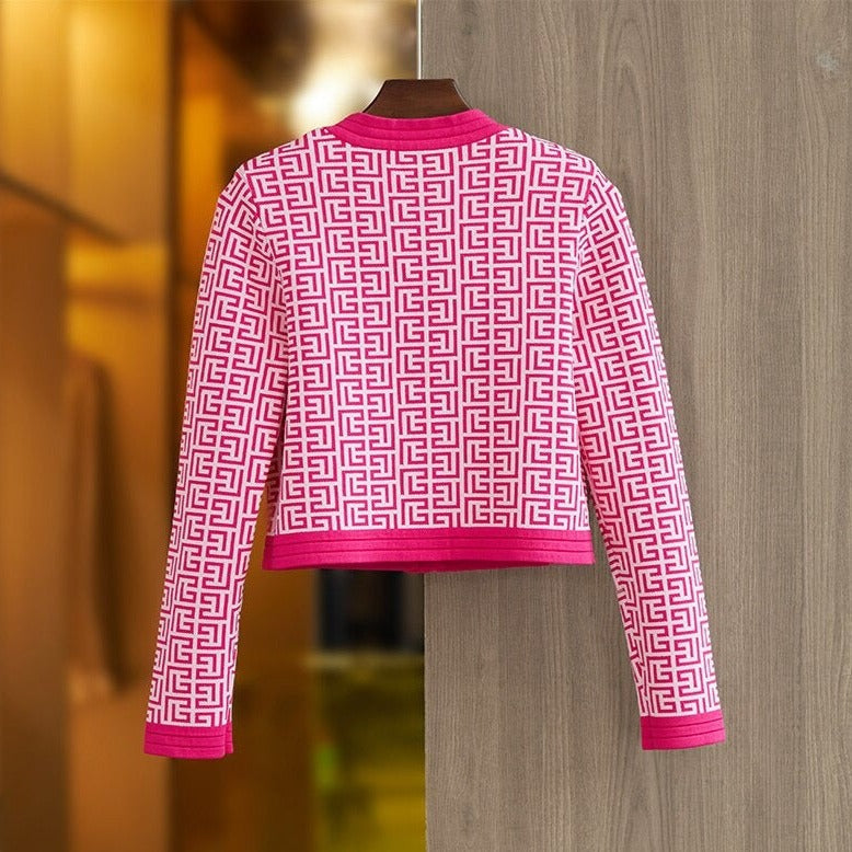 Pink Jacquard V-Neck Gold Button Sweater