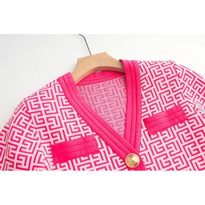 Pink Jacquard V-Neck Gold Button Sweater