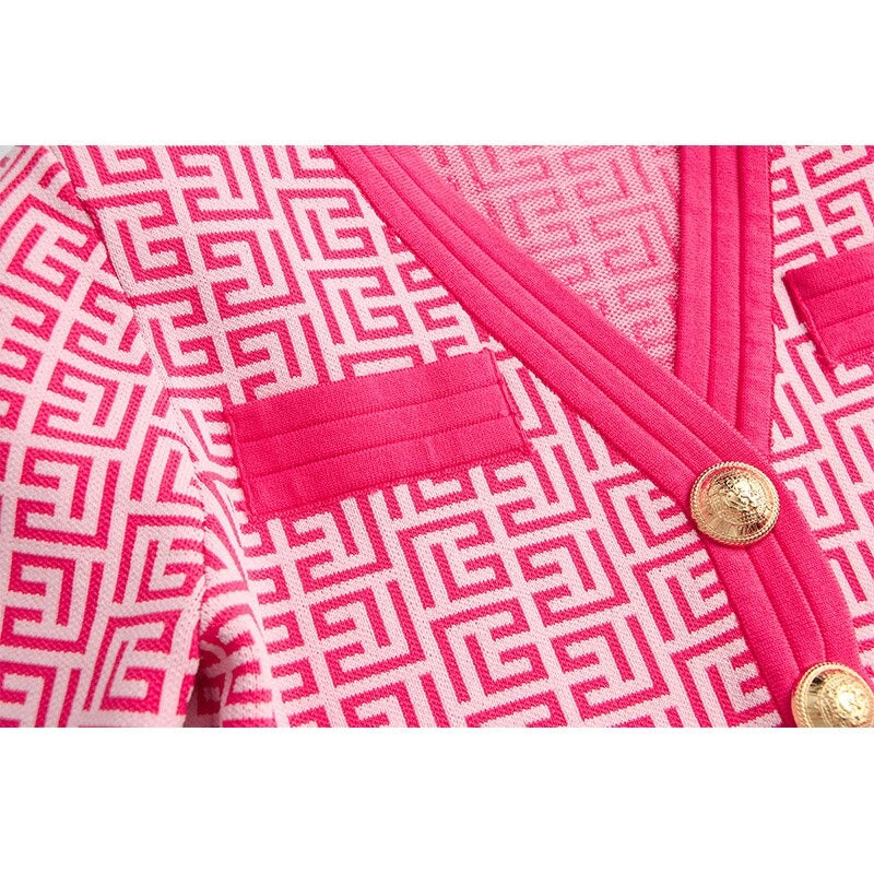 Pink Jacquard V-Neck Gold Button Sweater