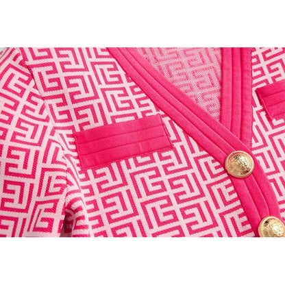 Pink Jacquard V-Neck Gold Button Sweater