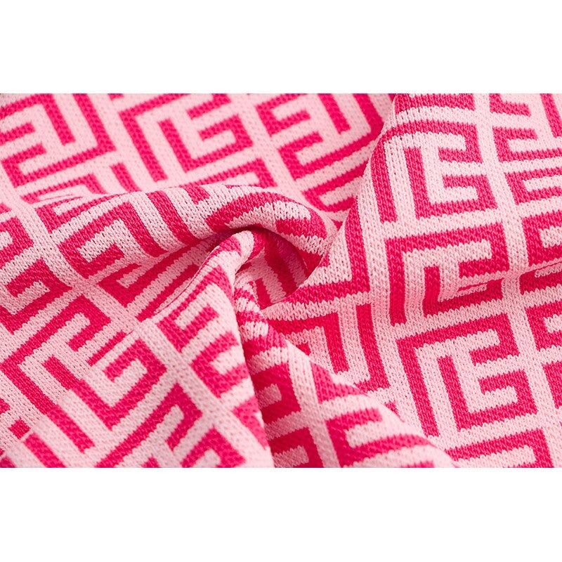 Pink Jacquard V-Neck Gold Button Sweater