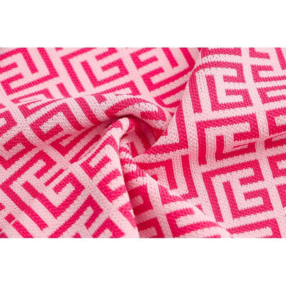 Pink Jacquard V-Neck Gold Button Sweater