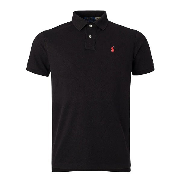 Black polo shirt with a red logo on a white background