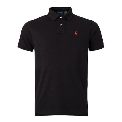 Black polo shirt with a red logo on a white background