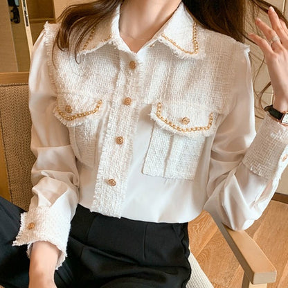 Tweed Silk Chain Gold Button Blouse